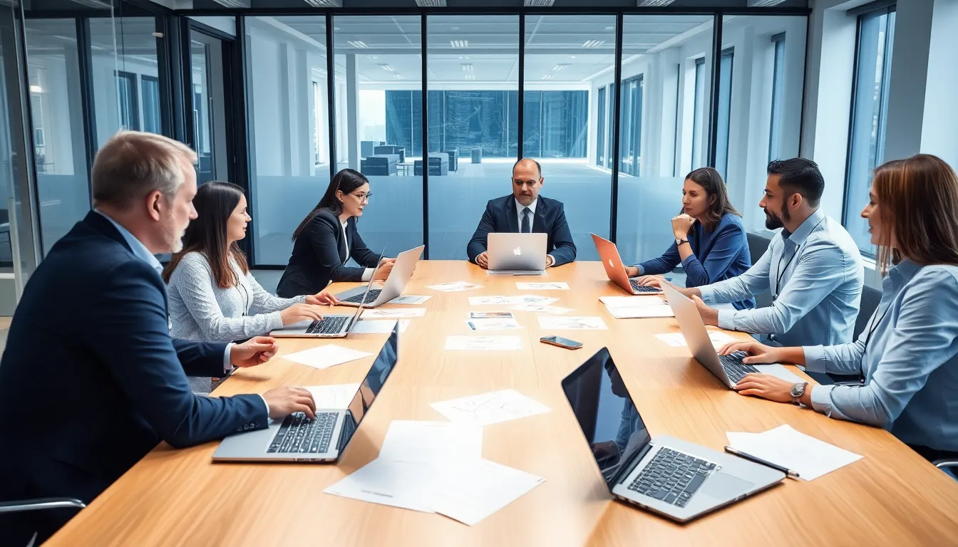 a group of professionals in an office setting discuss the implications of artificial intelligence on their jobs, with laptops and documents spread across the table.