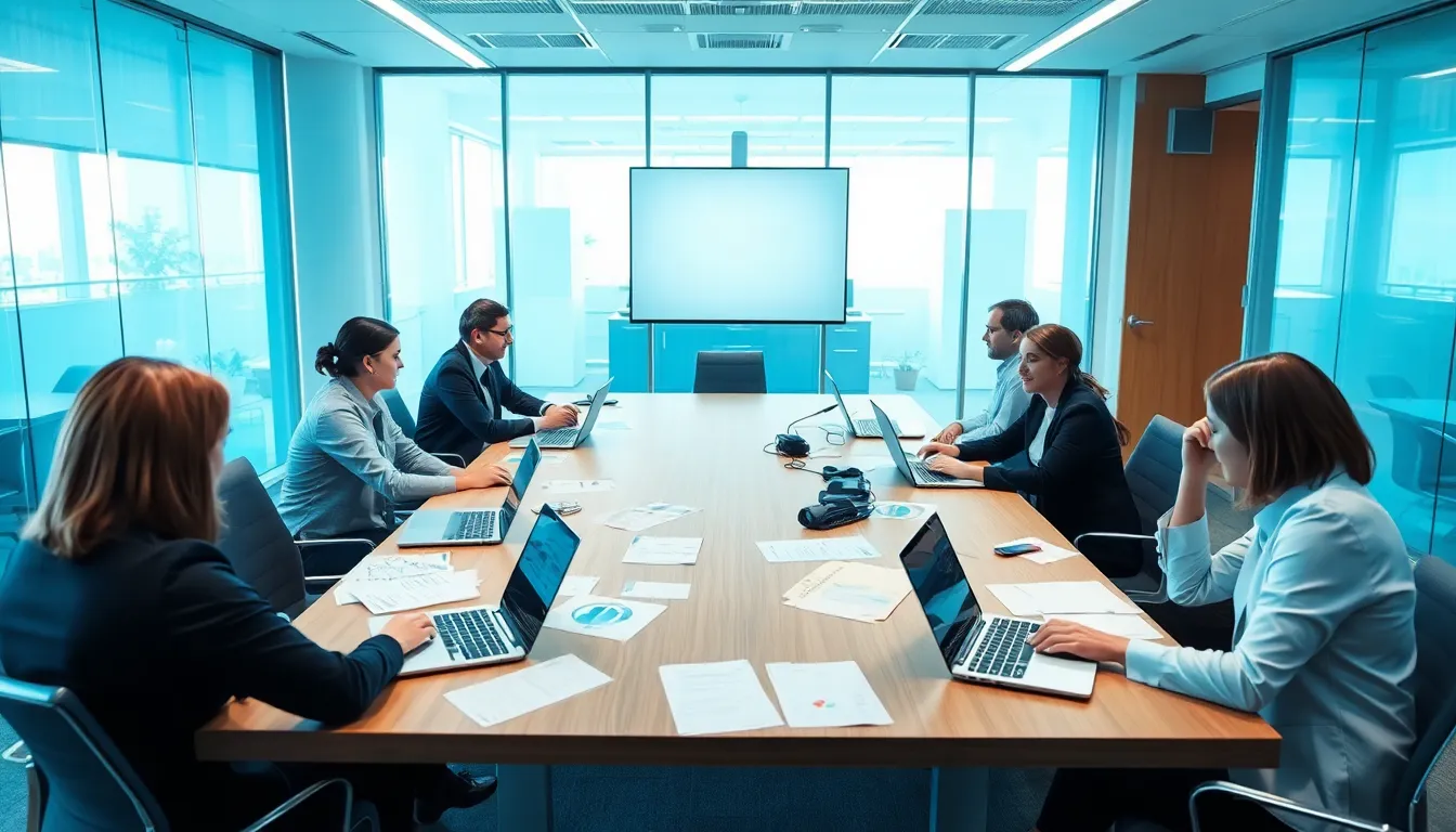 A vibrant classroom scene where professionals are learning about A.I. tools, showcasing the importance of adapting skills for the evolving job market