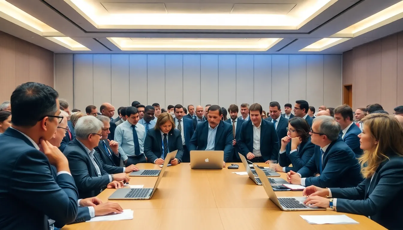 A crowd of concerned experts gathers at a conference, discussing the implications of AI safety following the resignation of a prominent leader in the field.