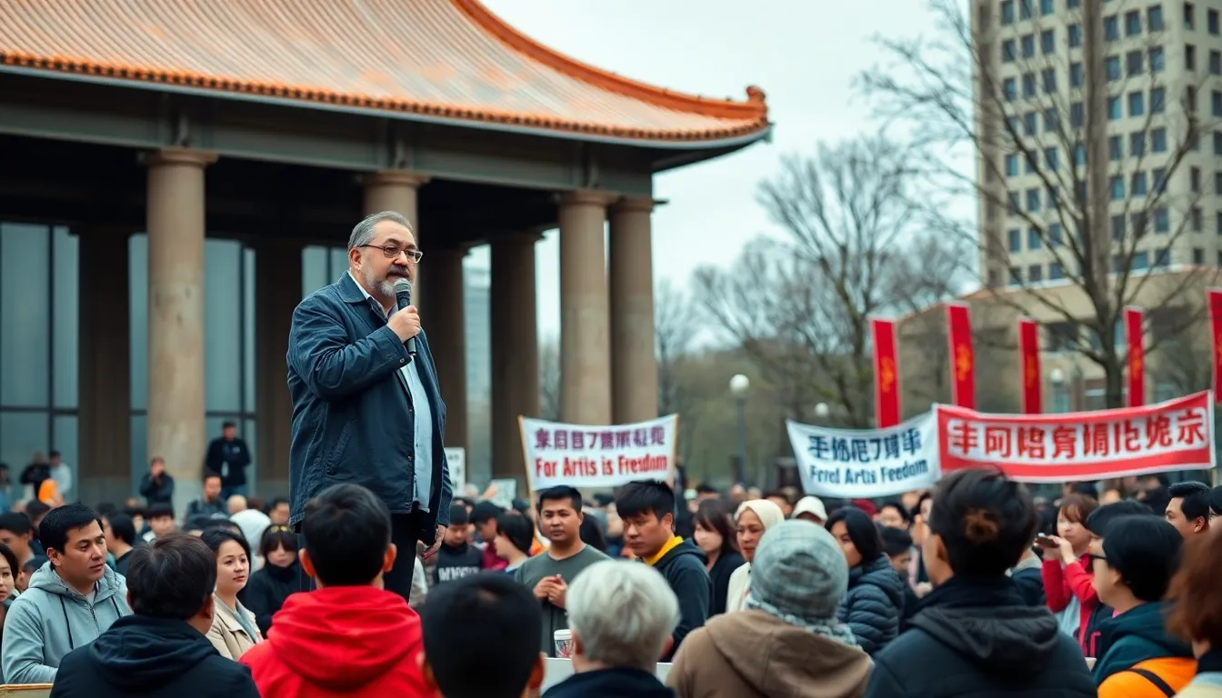 Ai Weiwei speaks to a crowd in Beijing, emphasizing the importance of artistic freedom and the challenges posed by censorship and AI technology.