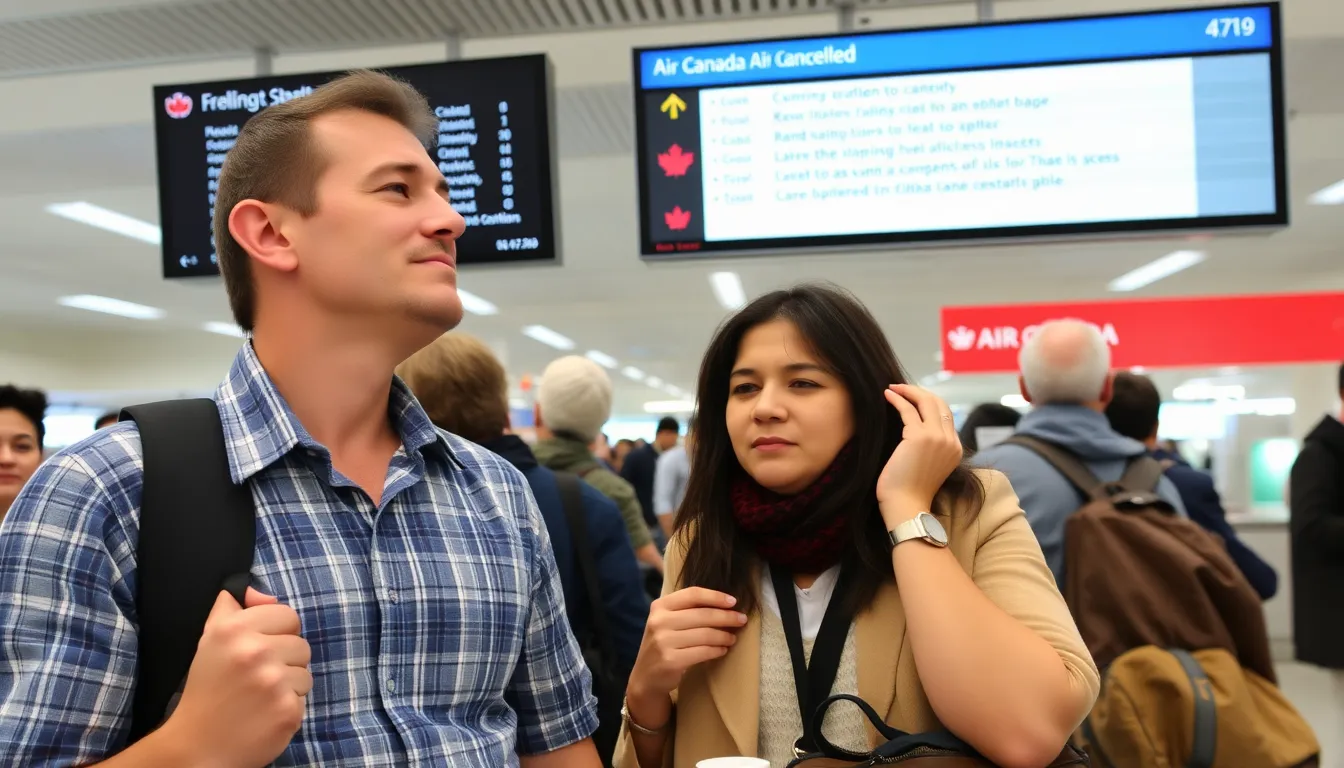 Travelers at an airport terminal express frustration and disappointment as they learn about the cancellation of Air Canada's flights to Cuba due to fuel access issues stemming from the U.S. oil blockade.