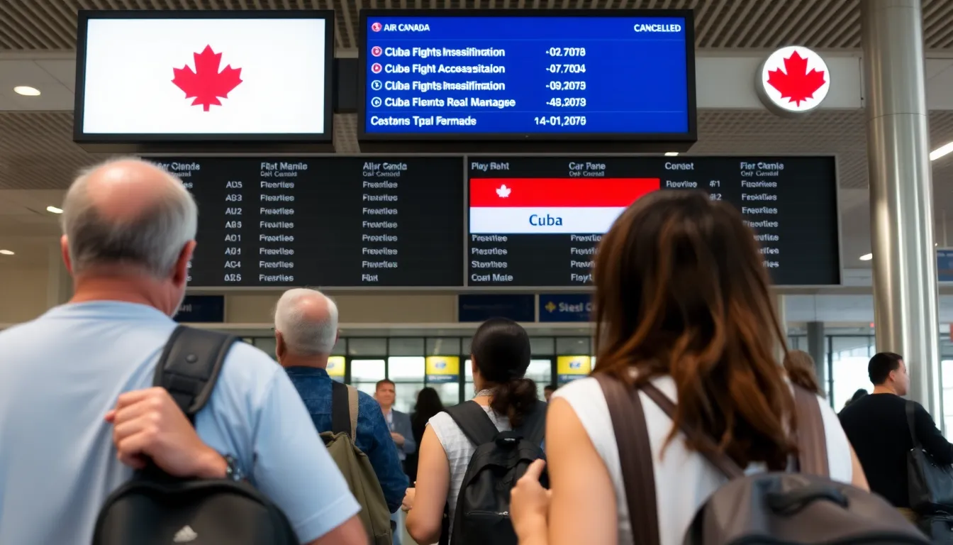 A group of tourists examines alternative travel options as they cope with the unexpected cancellation of their trip to Cuba