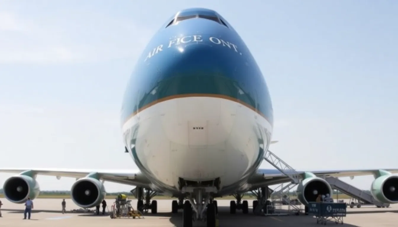 Air Force One is parked on the tarmac, surrounded by maintenance crews preparing for its upcoming paint job that will introduce a new color scheme.