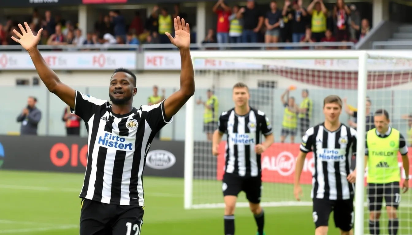 Anthony Gordon celebrates after scoring one of his four goals during Newcastle's dominant 61 victory over Qarabag in the playoff match.