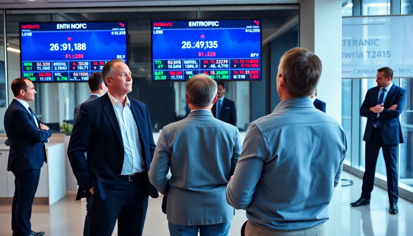 A group of concerned investors watches stock market screens displaying declines in shares of European data companies following the announcement of Anthropic's new AI legal tool.