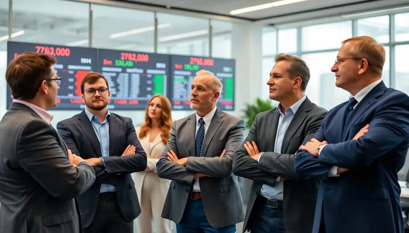 A busy office setting where legal teams are collaborating on integrating AI technology into their workflows, showcasing the evolution of legal practices