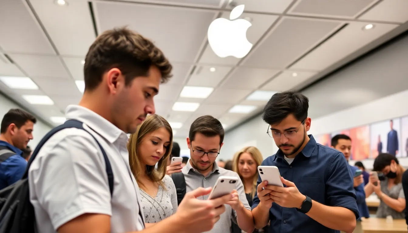 A bustling Apple store showcases customers eagerly exploring the latest iPhone models, highlighting the company's record sales amid a backdrop of declining Mac interest.