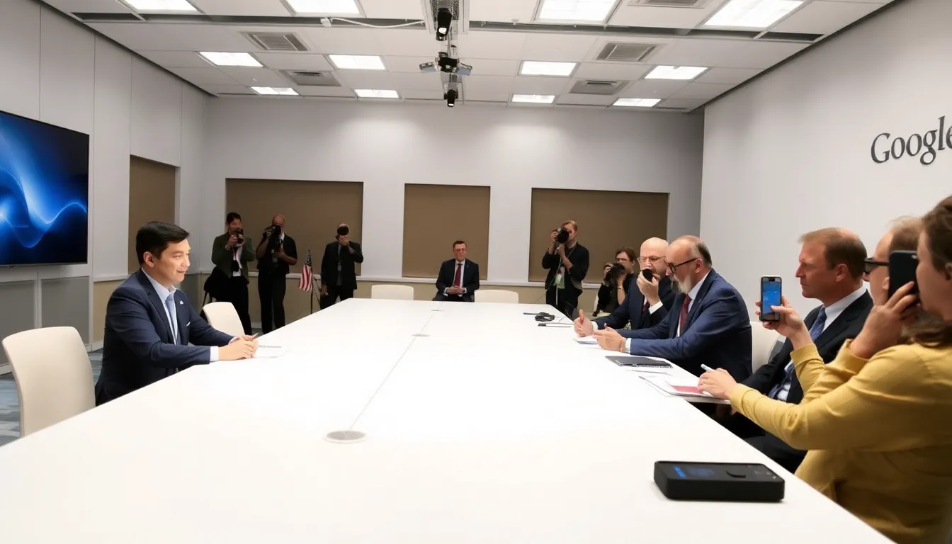 Apple and Google executives are seen discussing changes to their app store policies during a press conference in response to recent regulatory scrutiny.