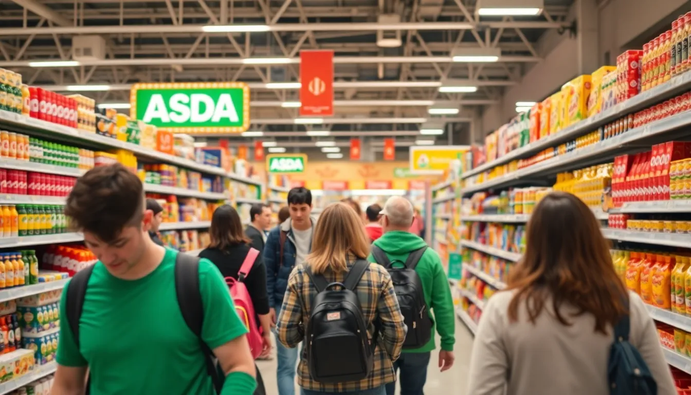 A group of shoppers examines products in the aisles of an Asda supermarket, highlighting the challenges the chain faces in maintaining customer interest amid increasing competition.