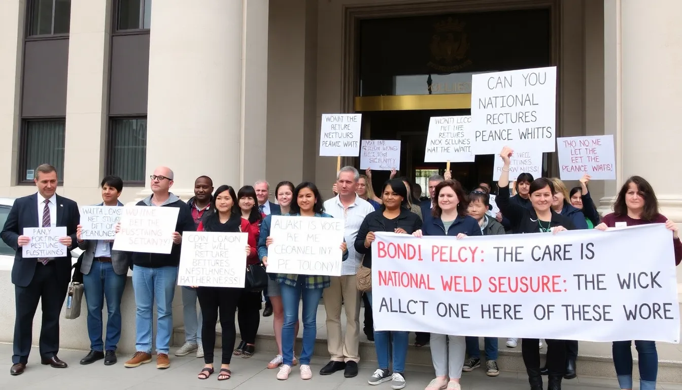 A group of concerned citizens gathers outside a government building, holding signs and banners demanding accountability for national security measures following the recent Bondi shooting incident.