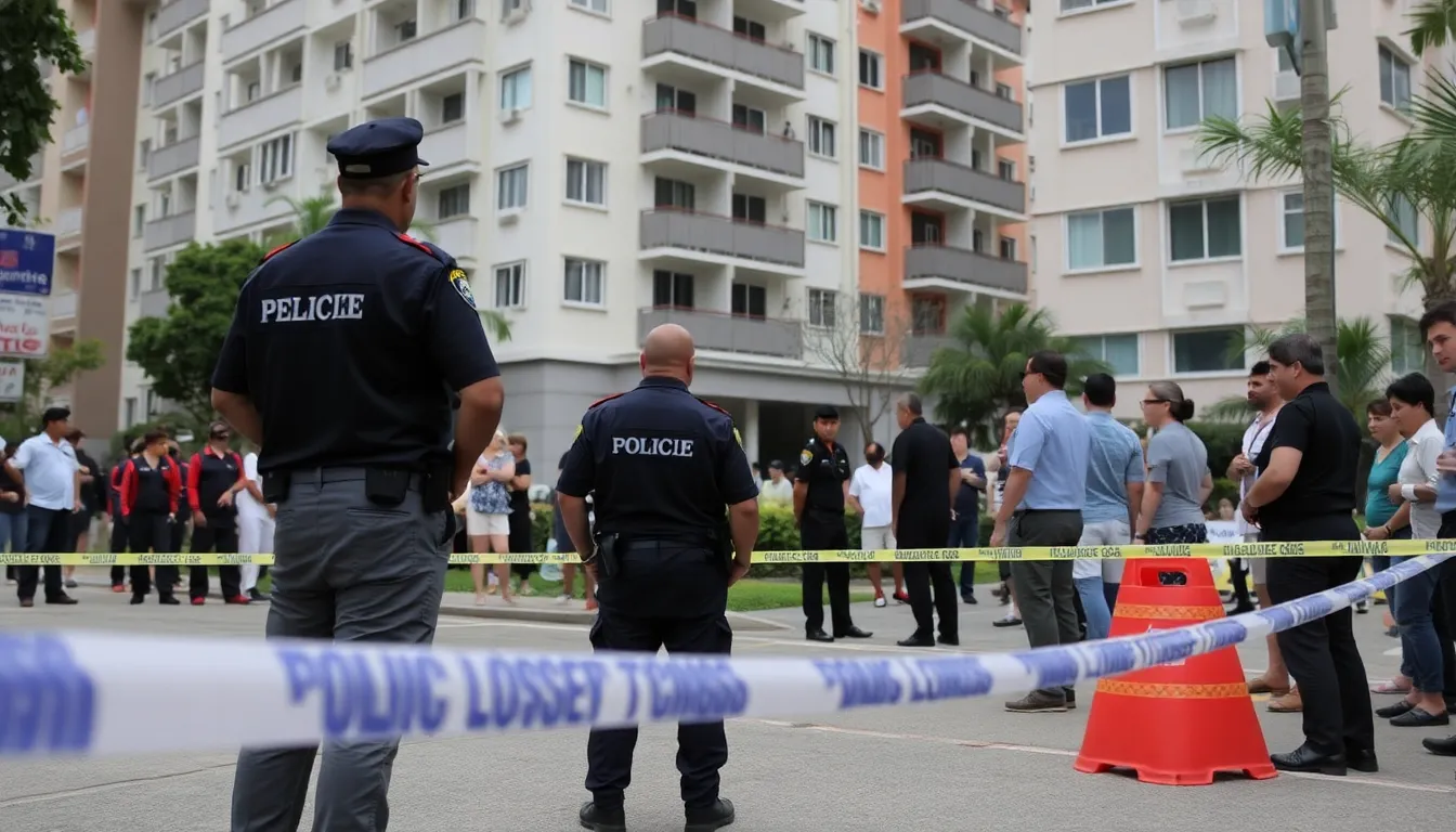 Emergency responders gather outside an apartment block in Thailand following the tragic fall of Asos cofounder Nick Robertson.