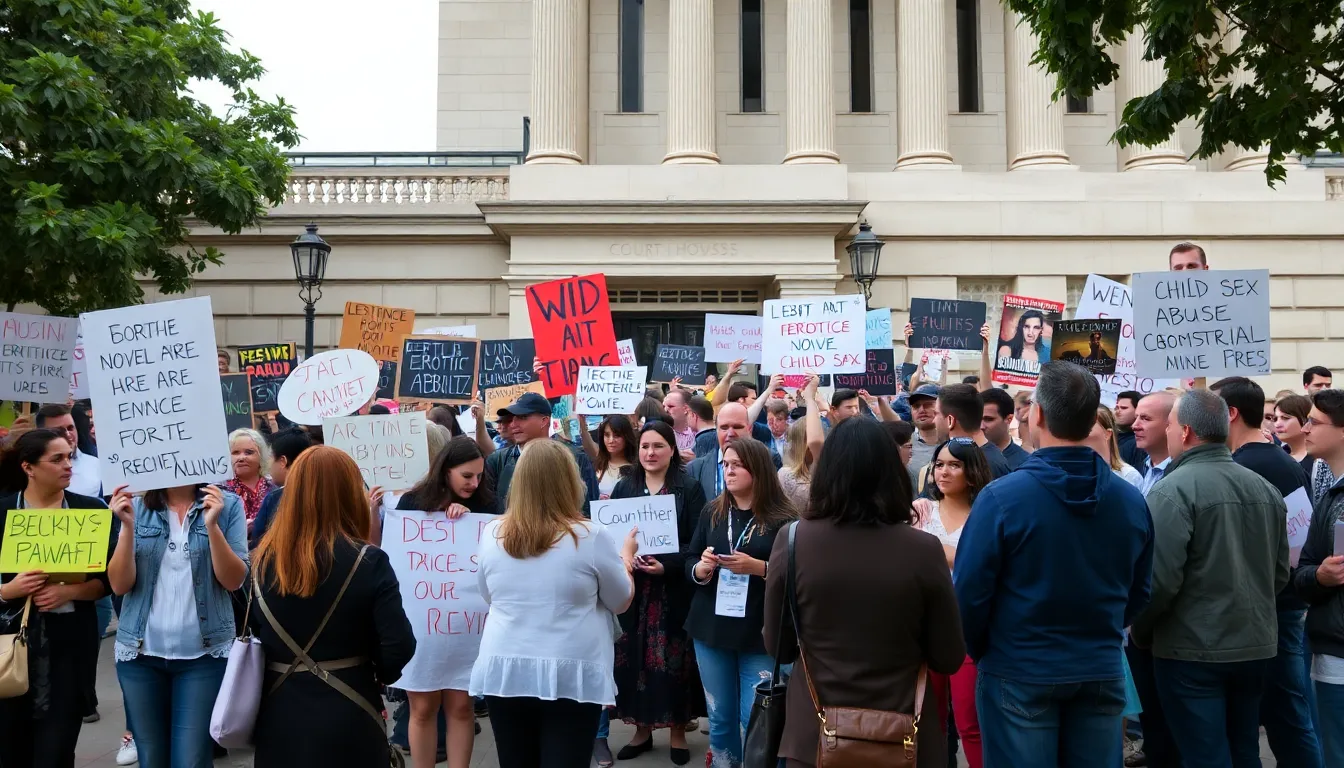 A crowd gathers outside a courthouse in Australia, where a recent ruling has classified an erotic novel as child sex abuse material, igniting public debate on artistic expression and legal standards.