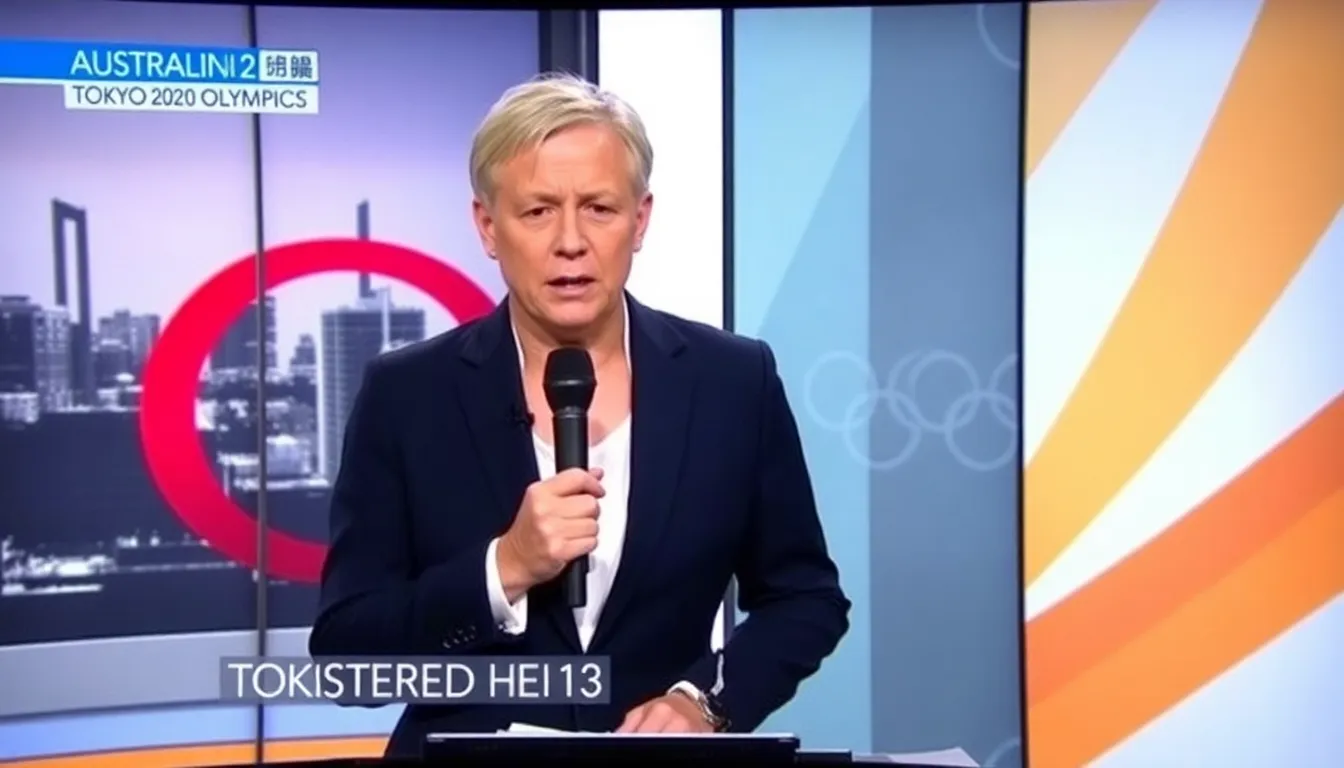 An Australian television presenter stands at a news desk with a microphone, appearing visibly distressed while delivering a slurred report during the Tokyo 2020 Olympics coverage.