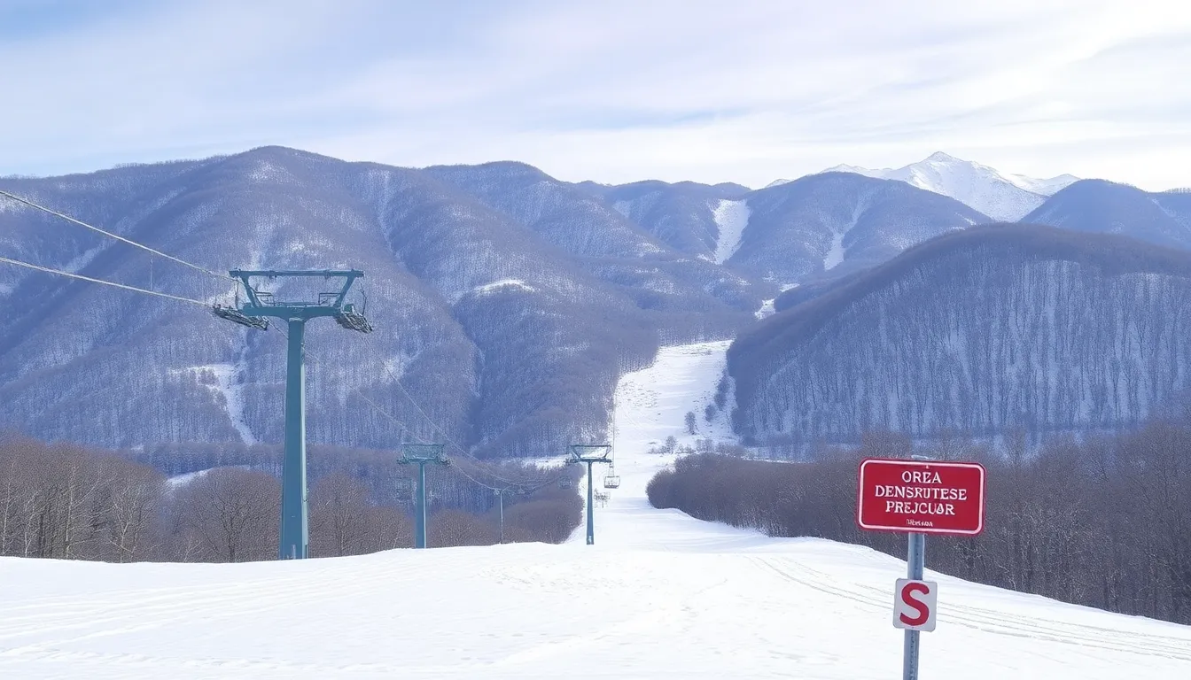 A ski lift at a popular resort in Nagano Prefecture is shown, with snowcovered slopes in the background and a sign indicating the ski area.
