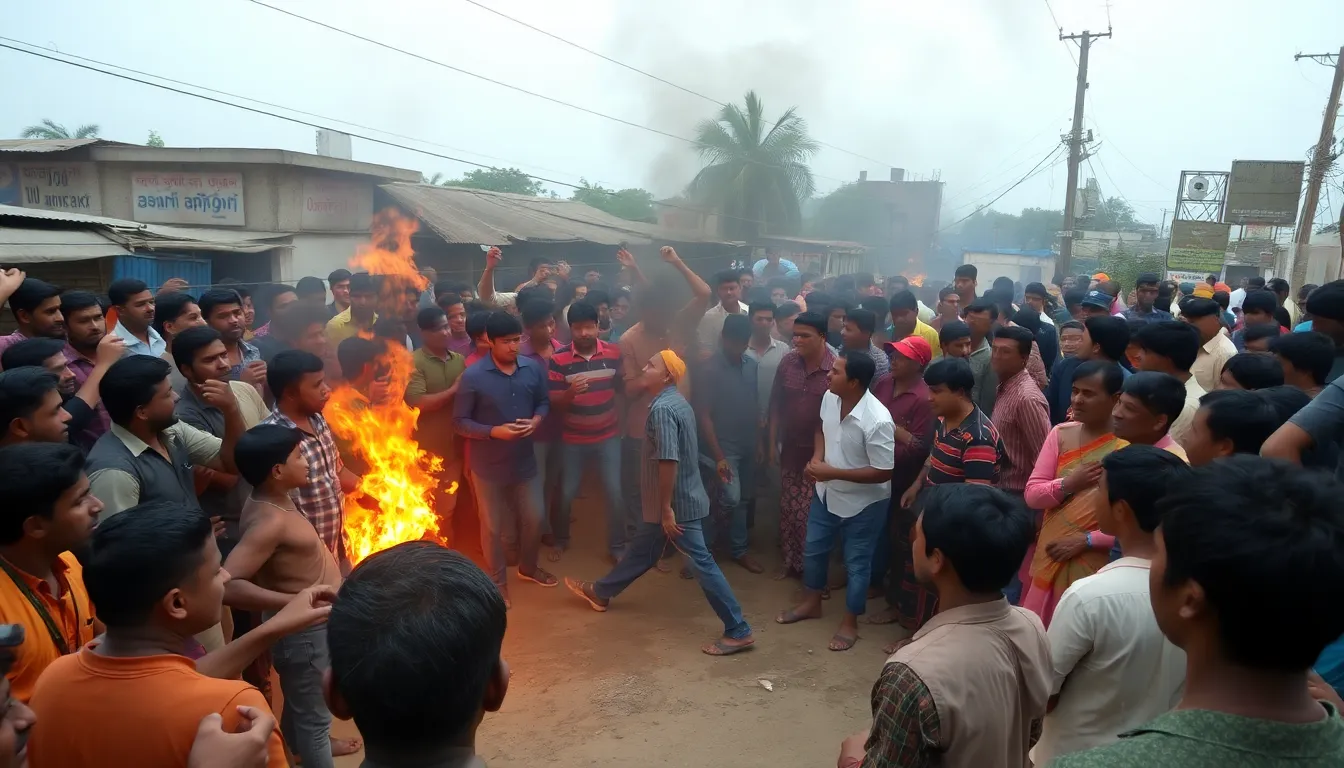 A large crowd of villagers surrounds a man accused of theft, as he is restrained and set on fire in a shocking display of mob justice in Bangladesh.