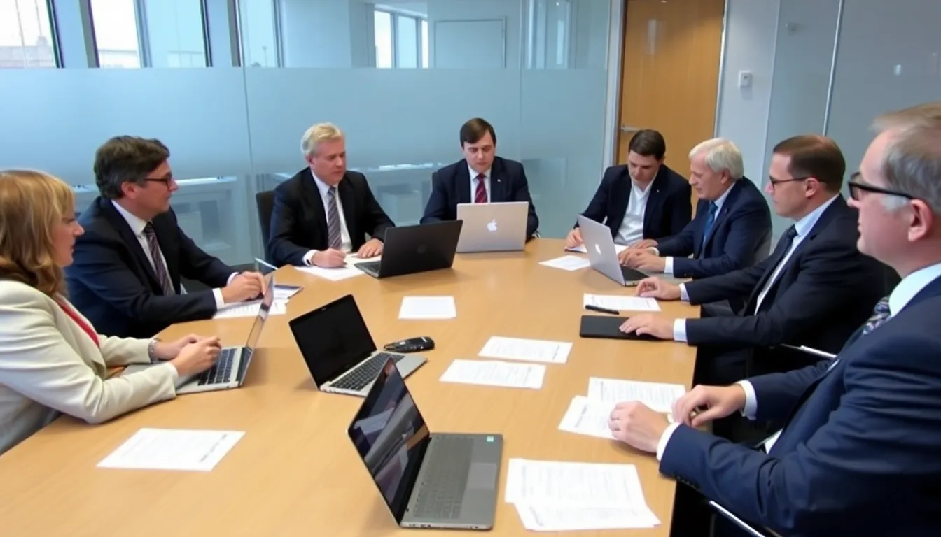 A group of economists and financial analysts gather around a conference table, discussing the implications of the Bank of England's decision to maintain interest rates amid rising inflation concerns.