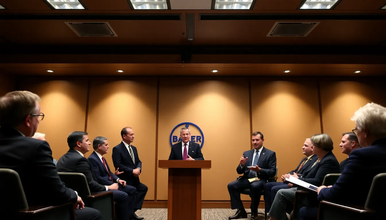 Bayer executives are seen discussing the proposed .25 billion settlement in a press conference, addressing the ongoing lawsuits related to cancer claims from their glyphosatebased weedkillers.