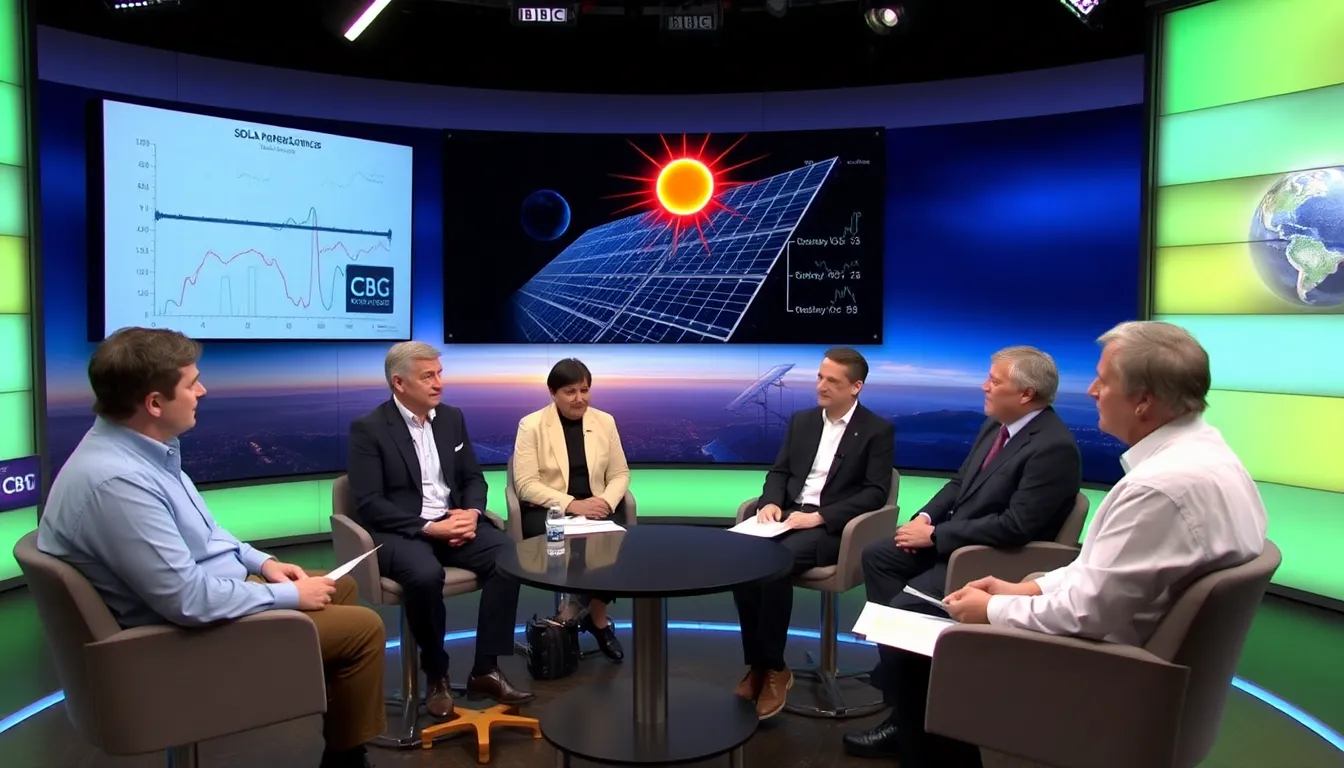 A group of scientists discusses the latest advancements in renewable energy during a live taping of BBC Inside Science, with a large screen displaying graphs and images of solar technology in the background.