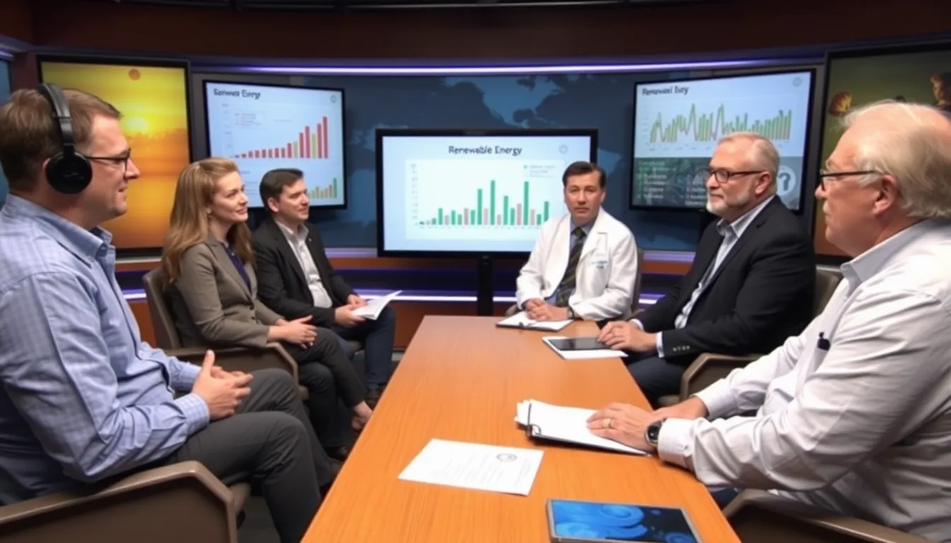 A group of scientists discusses renewable energy advancements during a live broadcast, with charts and graphs displayed behind them to illustrate their points.