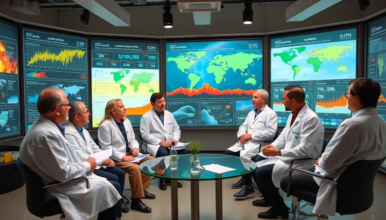 A group of scientists discusses climate change research in a studio, surrounded by charts and data displays that highlight the urgency of global warming.