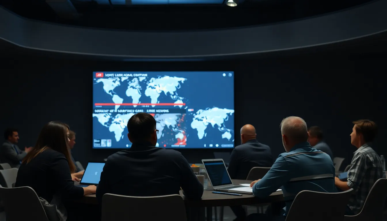 A group of people gathers around a table, intently discussing their bets on various catastrophic events while a screen displays live updates of global crises.