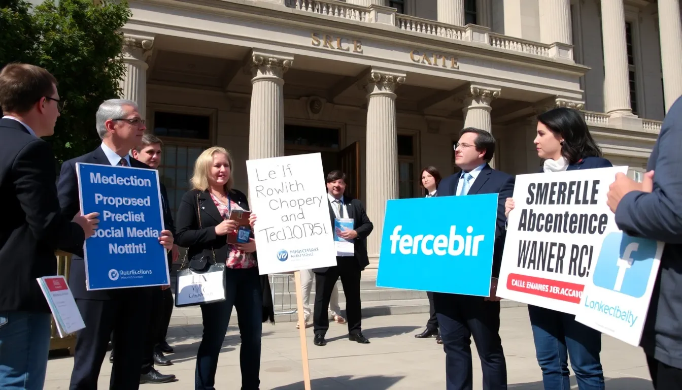 A group of lobbyists from major tech companies gathers outside a state capitol building, holding signs and engaging with passersby to rally support against proposed social media regulations.