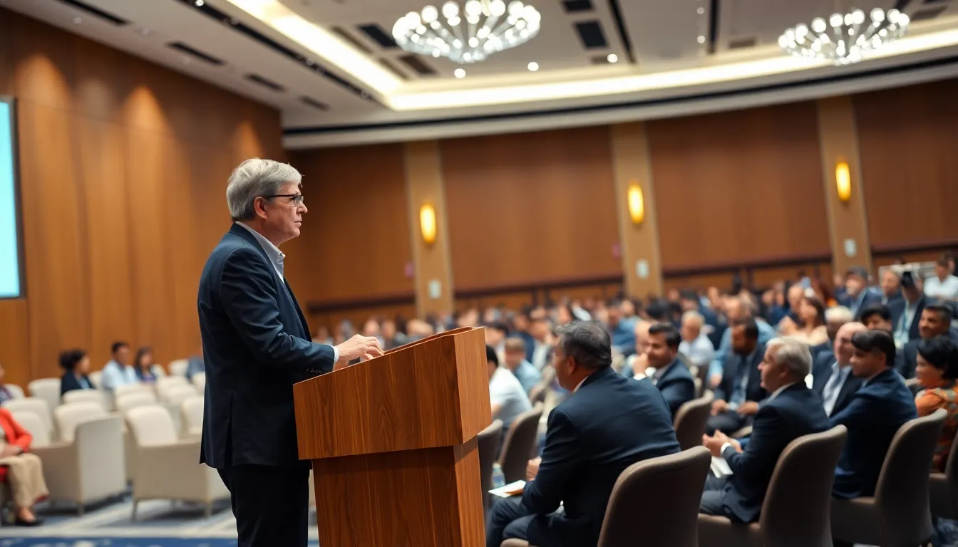 Bill Gates speaks at a podium during a summit in Delhi, surrounded by international leaders and tech experts discussing AI safety regulations.