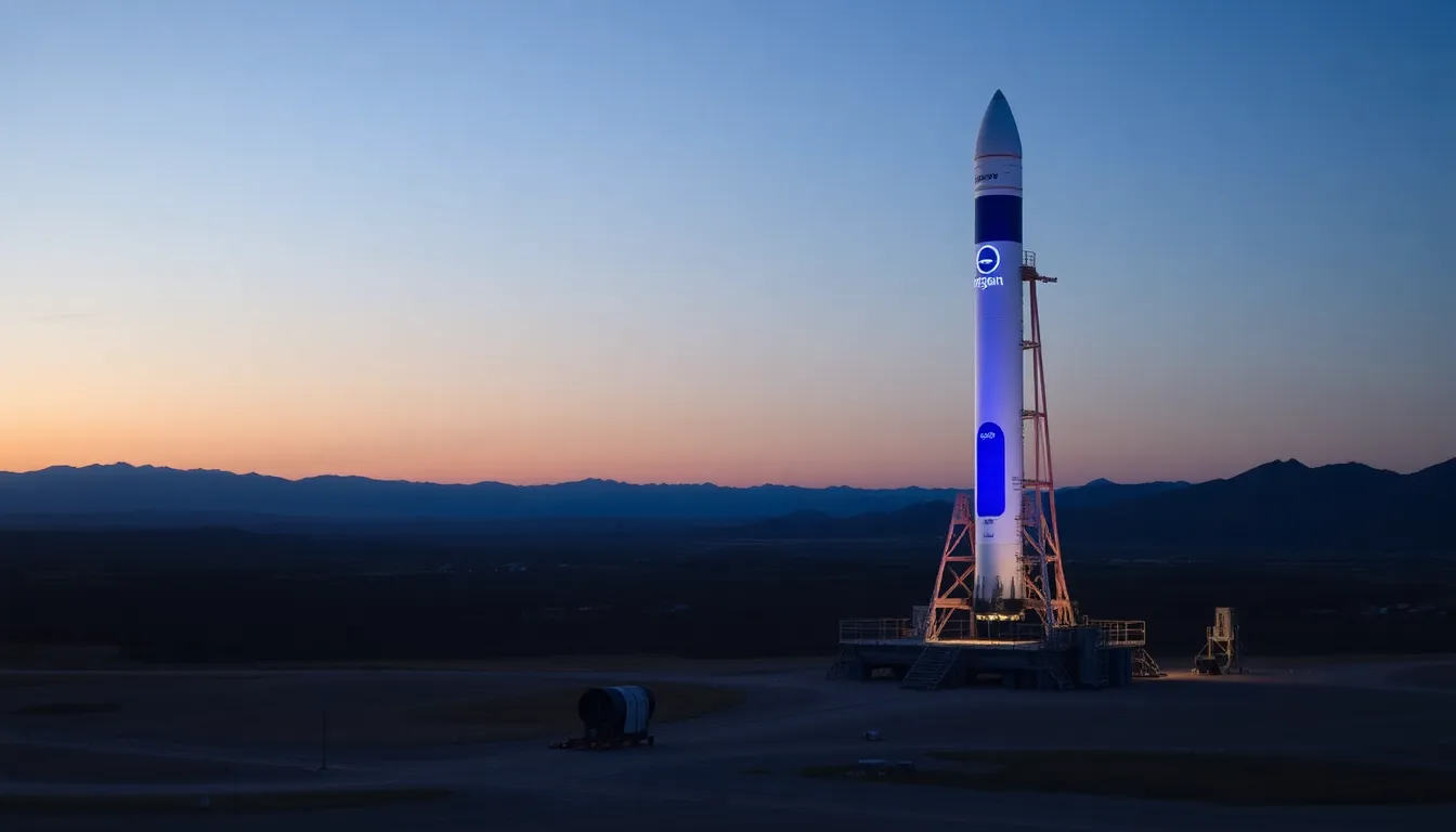 A Blue Origin rocket stands on the launch pad, ready for a test flight as the sun sets in the background, signaling a new focus on lunar missions.
