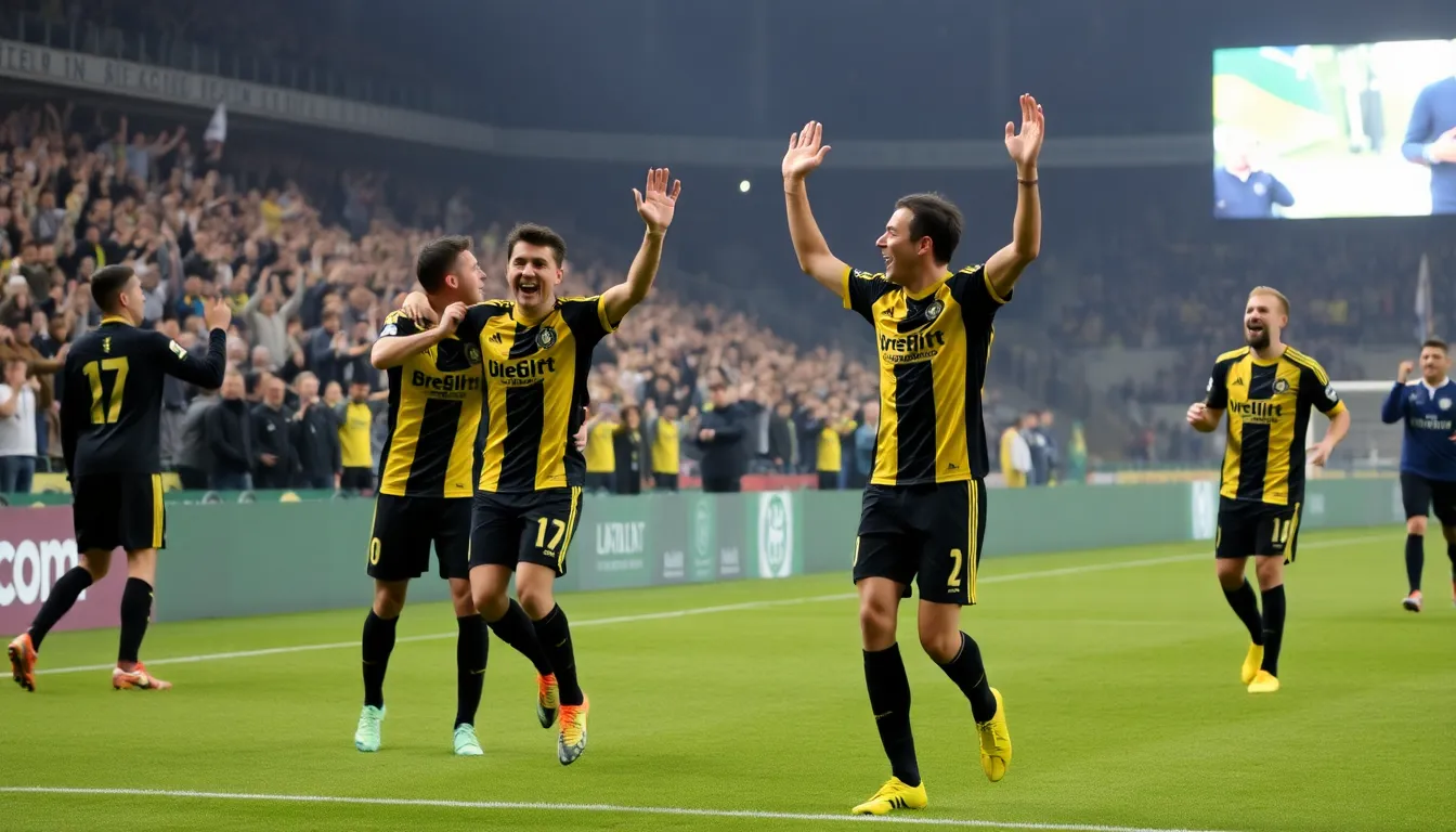 Bodø/Glimt players celebrate jubilantly on the pitch after their unexpected Champions League victory against Inter Milan, surrounded by cheering fans in the stands.