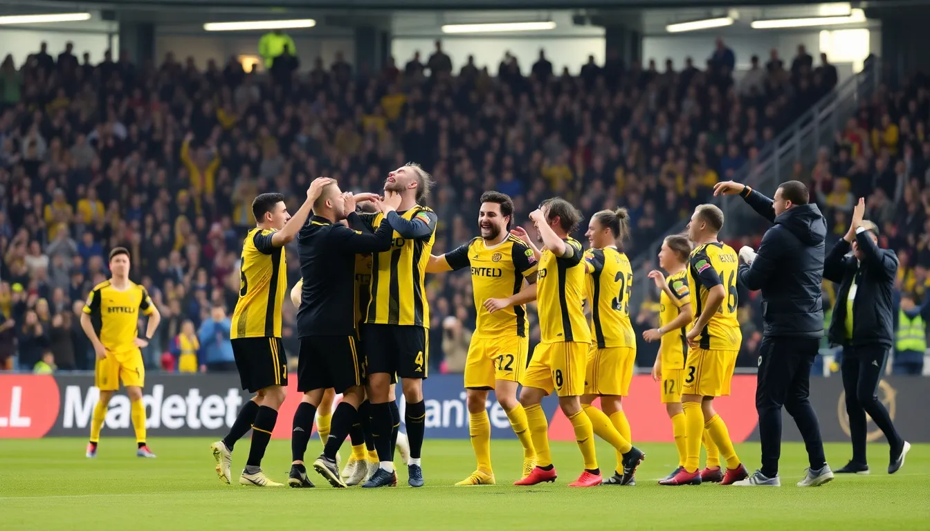 The passionate Bodø/Glimt fanbase erupting in cheers, waving flags and banners in support of their team after the historic win