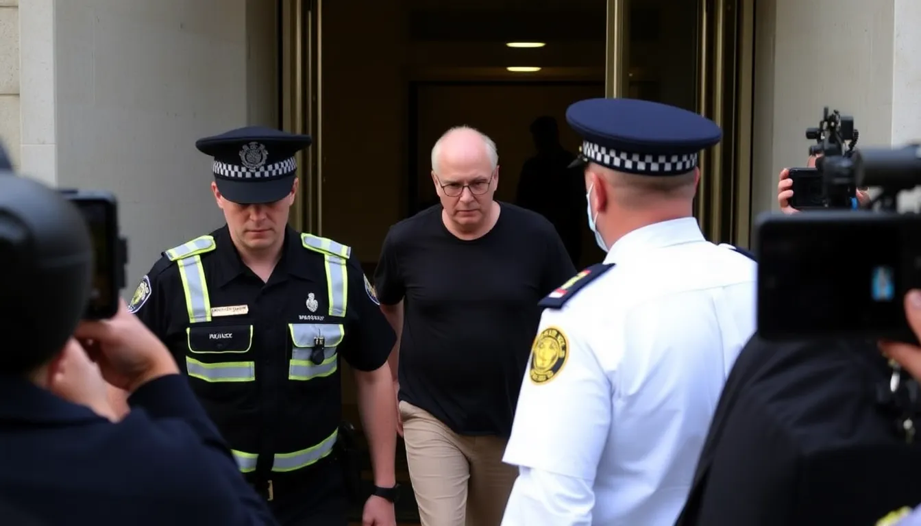 The accused in the Bondi Beach shooting is seen entering the courthouse surrounded by police officers and media personnel.