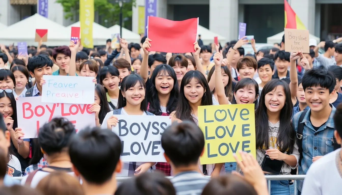 A group of enthusiastic fans gathers at a promotional event for a popular Boys' Love series, holding colorful banners and cheering for their favorite actors amidst a vibrant atmosphere.