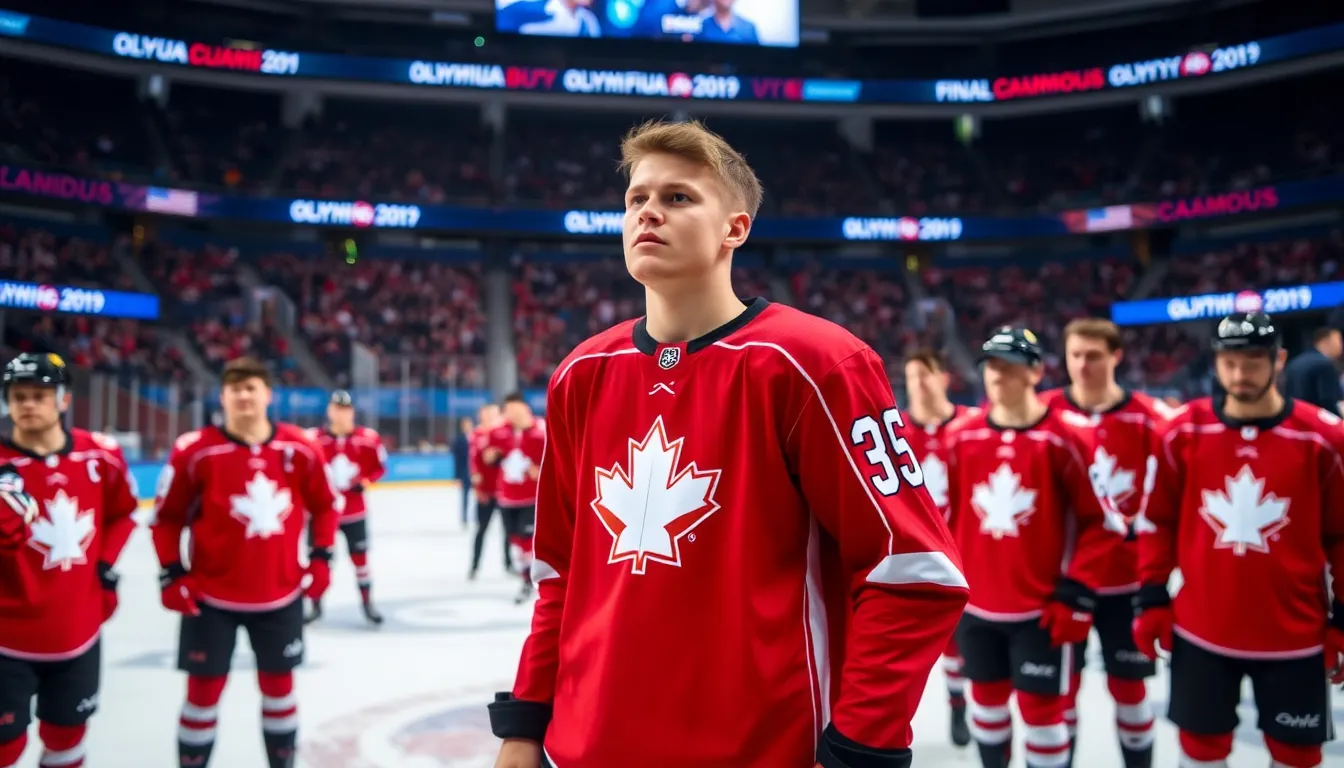 Brady Tkachuk stands on the ice, visibly emotional as he prepares for the Olympic final against the United States, showcasing the intensity of the rivalry between the two nations.