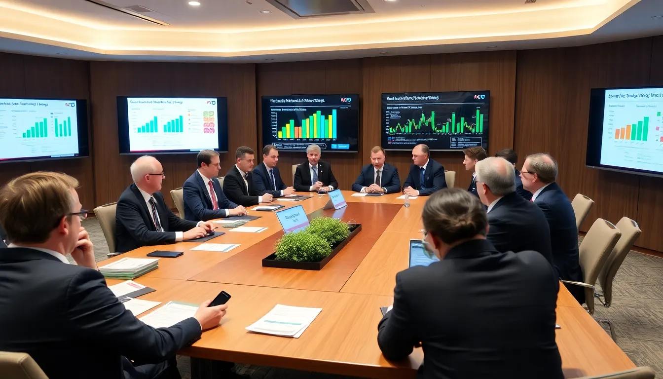 A group of business leaders discusses strategies for sustainability during a conference focused on environmental protection and economic resilience.