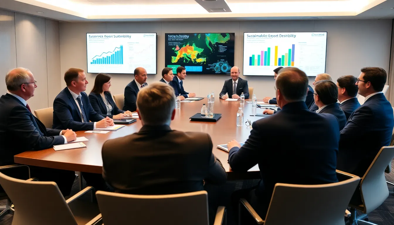 A group of diverse stakeholders engaged in discussions about sustainability, representing the collaborative efforts needed to address environmental challenges in business practices