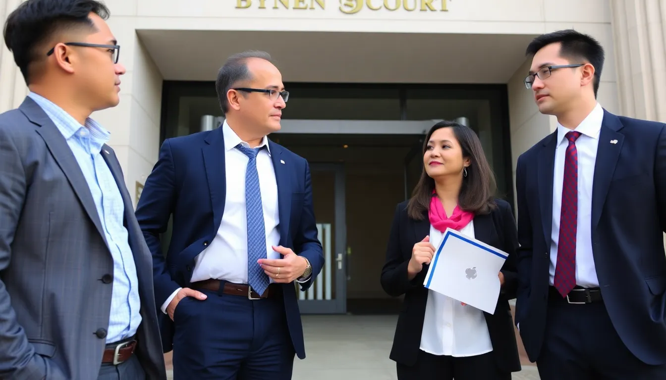 A group of lawyers and tech executives gather outside a courthouse, discussing the implications of the legal battle between ByteDance and Disney over copyright issues related to an AI video application.