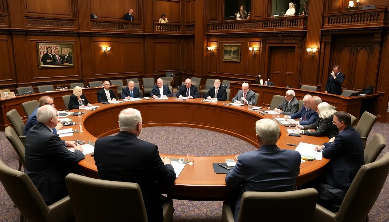 A group of lawmakers discusses proposed legislation to ban certain CBD products during a public hearing in a state capitol building.