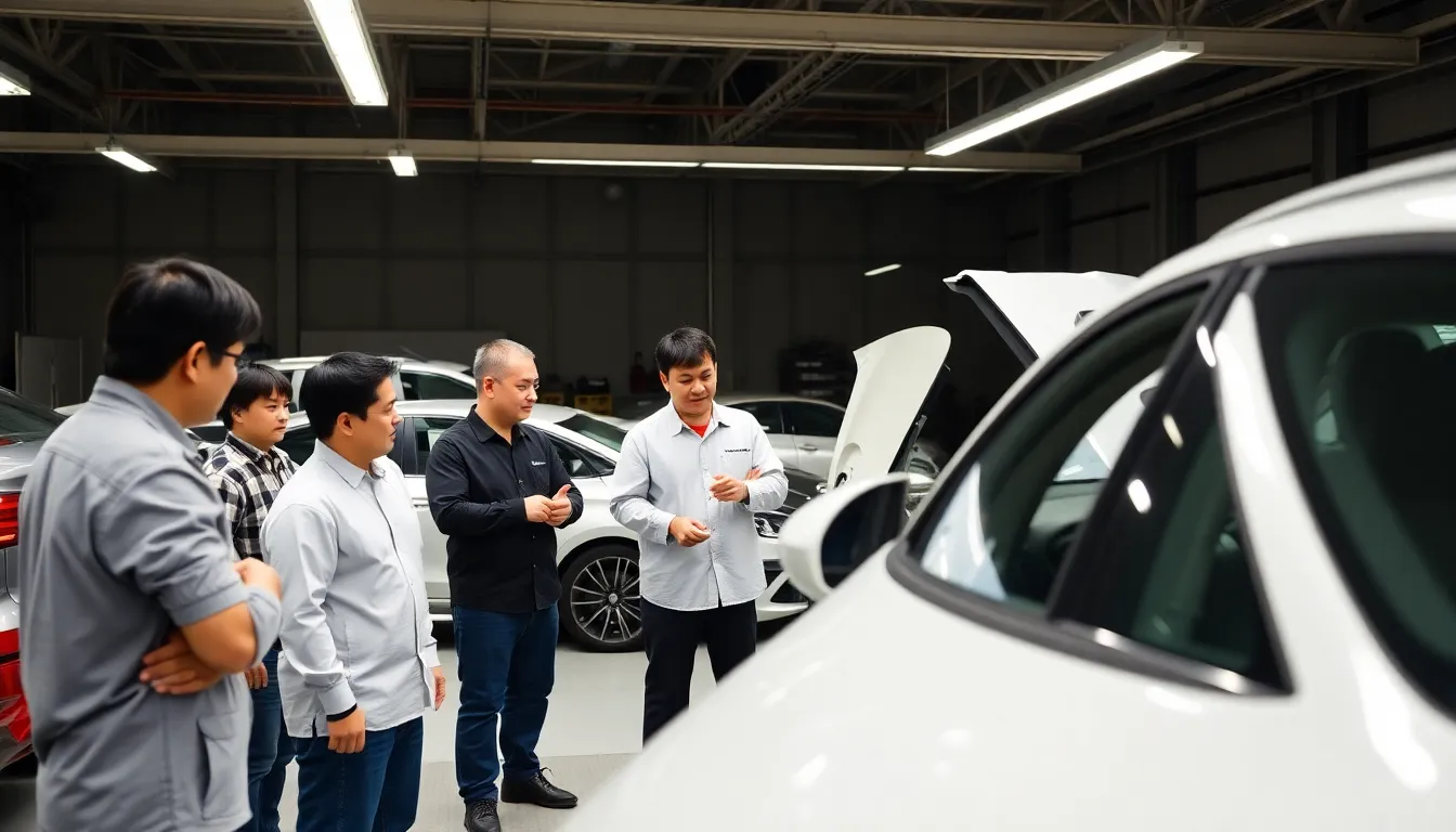 A bustling automotive manufacturing facility where workers are adapting production lines to comply with new safety regulations following the ban on hidden door handles