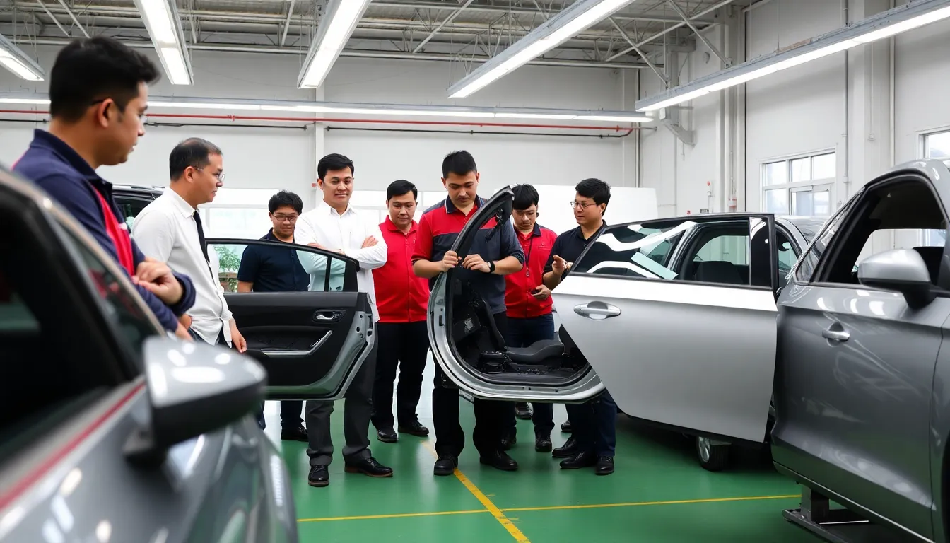 A group of automotive engineers discusses design modifications in a workshop following China's announcement to ban hidden car door handles for safety reasons.