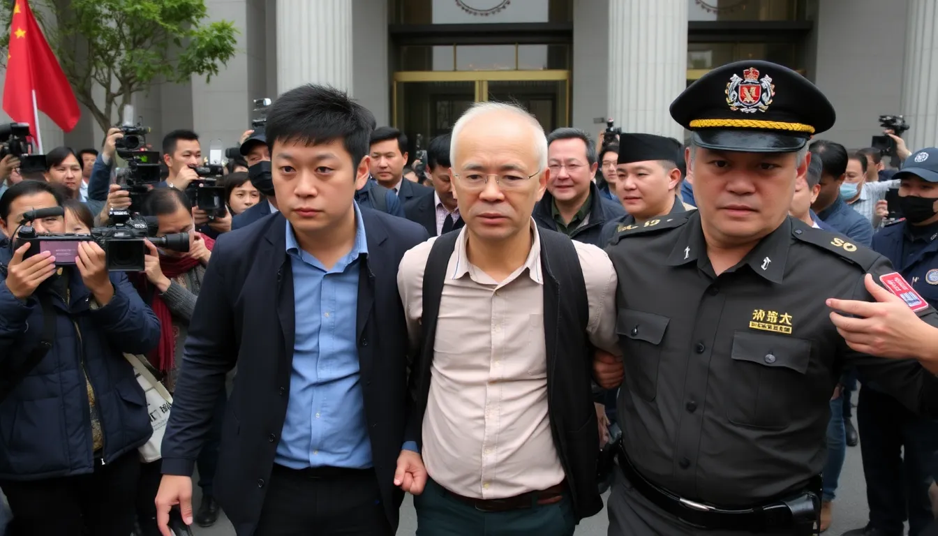 Two detained journalists are escorted by police officers outside a government building in China, highlighting the ongoing crackdown on press freedom.
