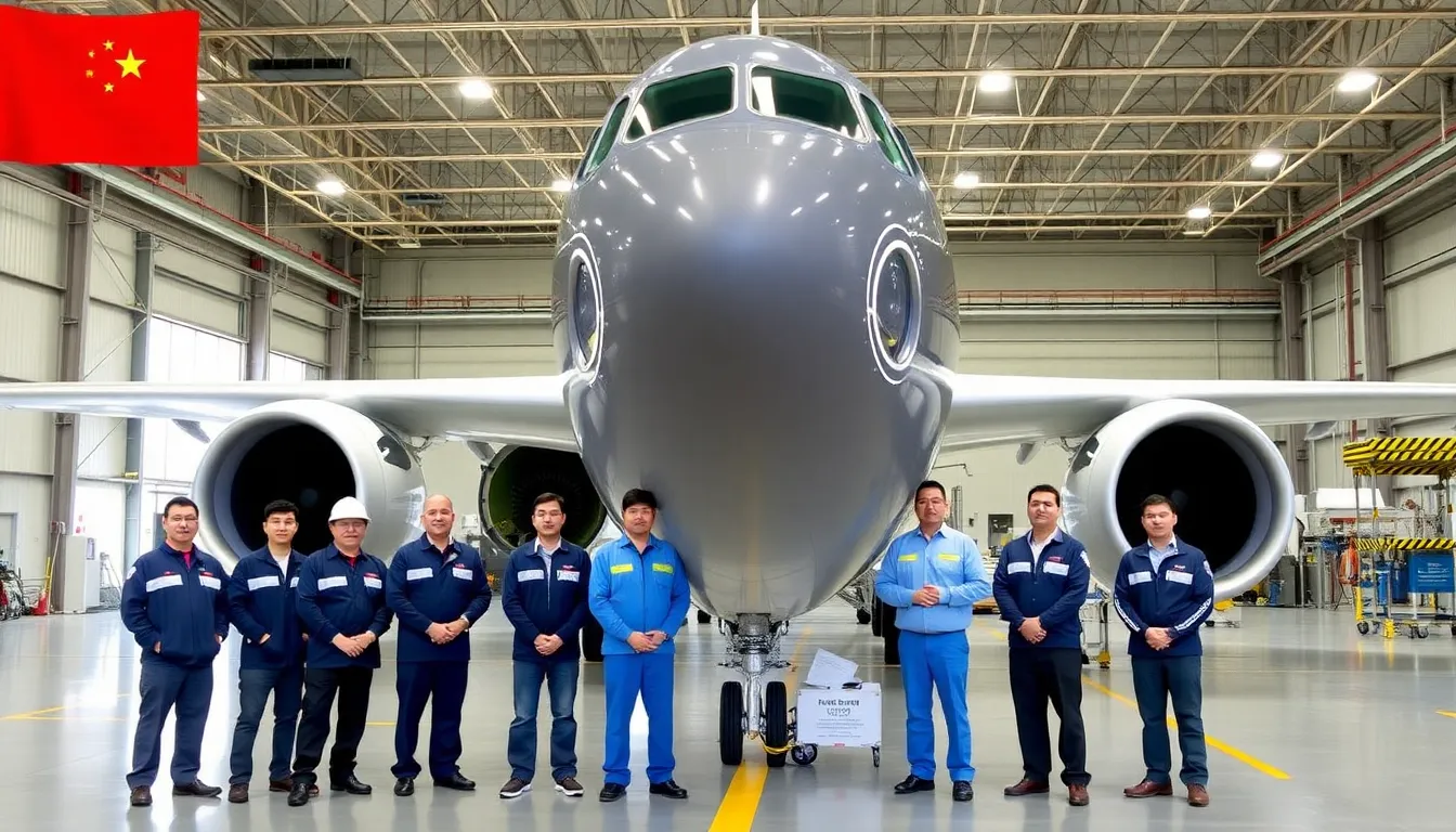 A group of engineers and technicians stands in front of a newly assembled C919 aircraft at a manufacturing facility in China, showcasing the country's advancements in aviation technology.