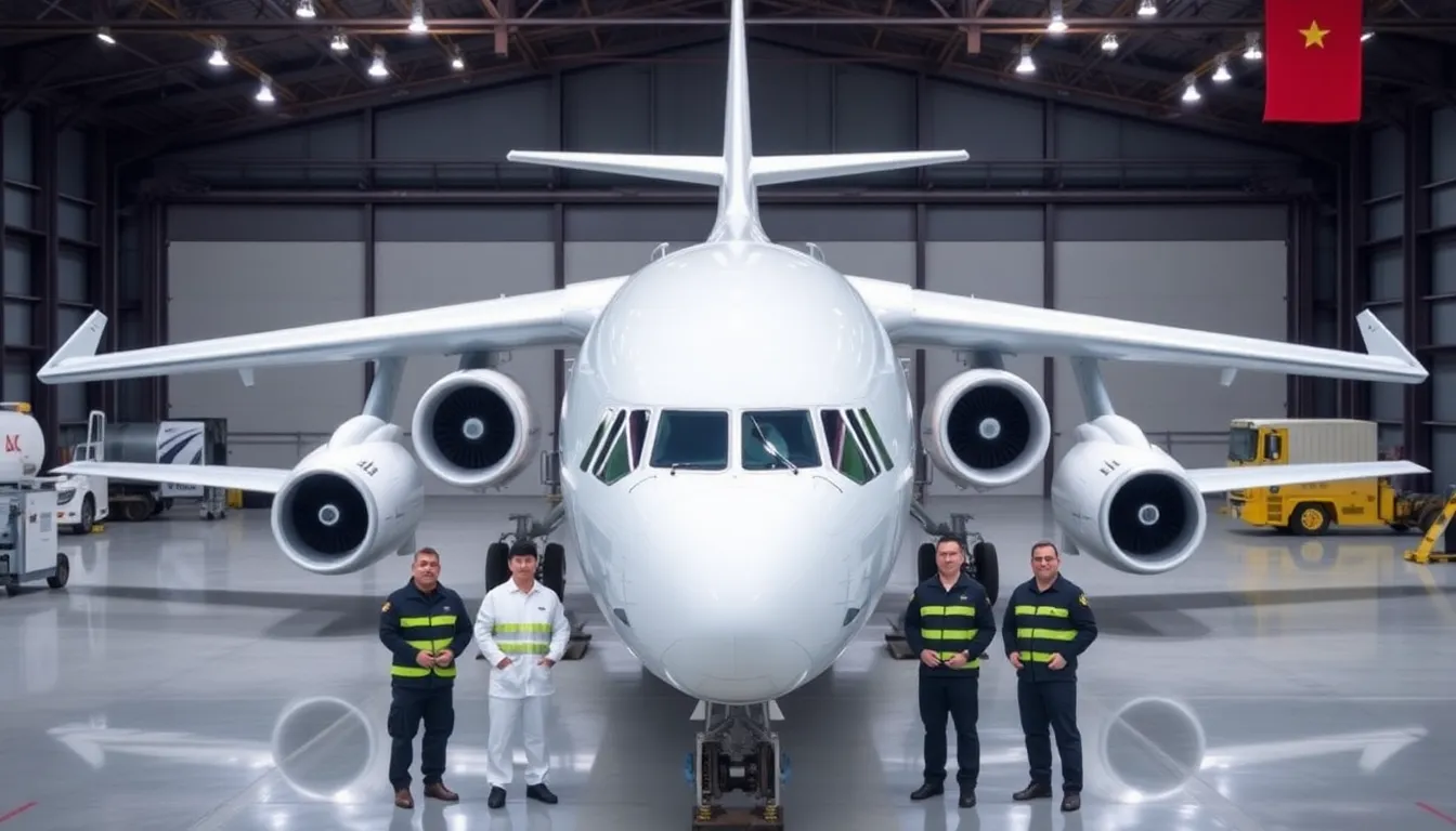 Engineers and technicians working diligently on the assembly line of the C919, highlighting advancements in China's aerospace technology