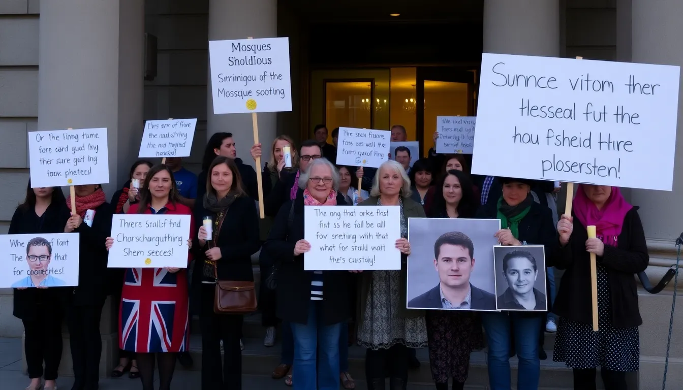 Supporters and family members of the Christchurch mosque shooting victims gather outside the courthouse, holding signs and candles in a show of solidarity and remembrance as the shooter attempts to overturn his guilty plea.
