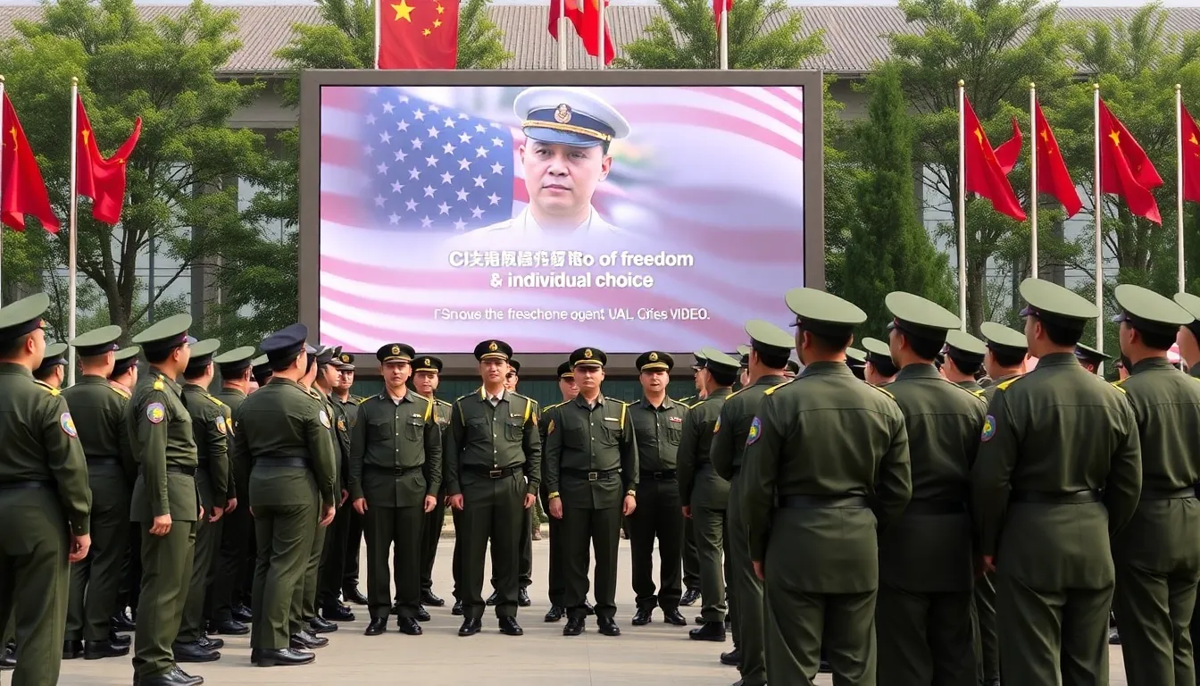 A group of Chinese soldiers in uniform stands in formation, looking towards a large screen displaying the CIA's recruitment video, which emphasizes themes of freedom and individual choice.