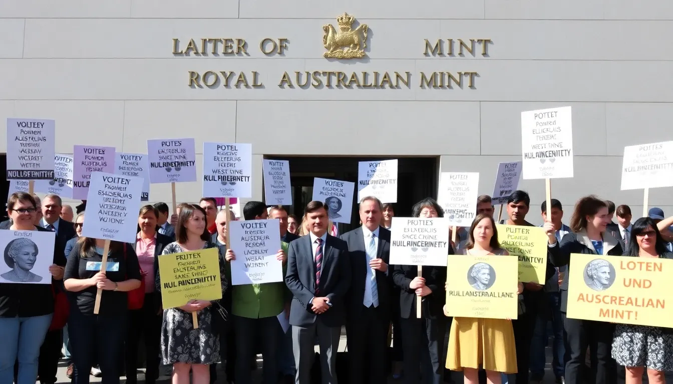 A crowd gathers outside the Royal Australian Mint, holding signs and expressing their discontent over the newly unveiled coin featuring a portrait of the late Queen Elizabeth II.