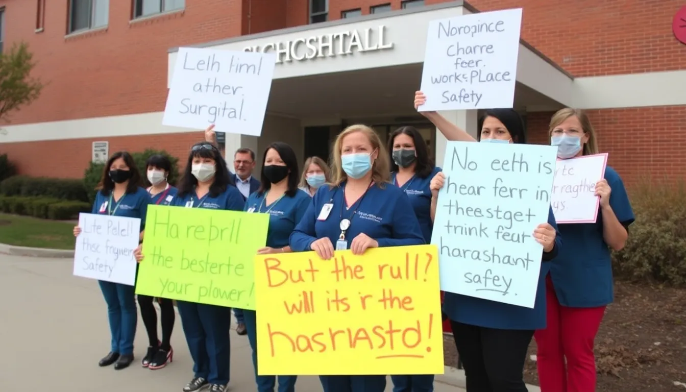 A group of hospital staff members stands outside the facility, holding signs that advocate for workplace safety and express concerns over the court ruling allowing a surgeon's return despite harassment claims.