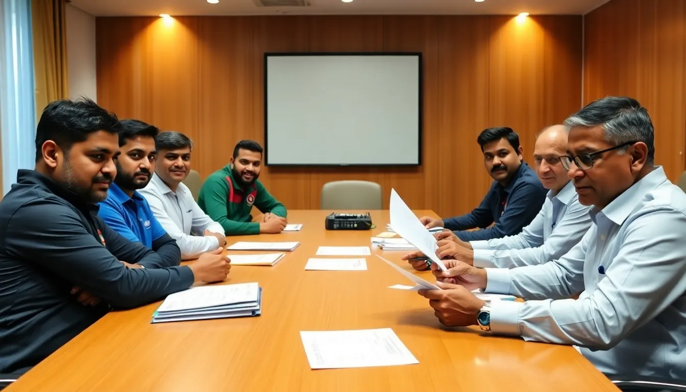 A group of cricket officials from India and Bangladesh engage in a heated discussion during a tense meeting aimed at addressing recent disputes in their cricketing relations.