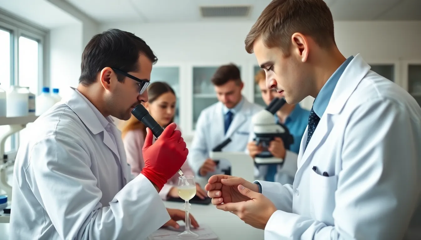 A group of scientists examines samples in a laboratory, discussing the potential implications of dart frog toxins in relation to the recent allegations of poisoning against Russian opposition leader Alexei Navalny.