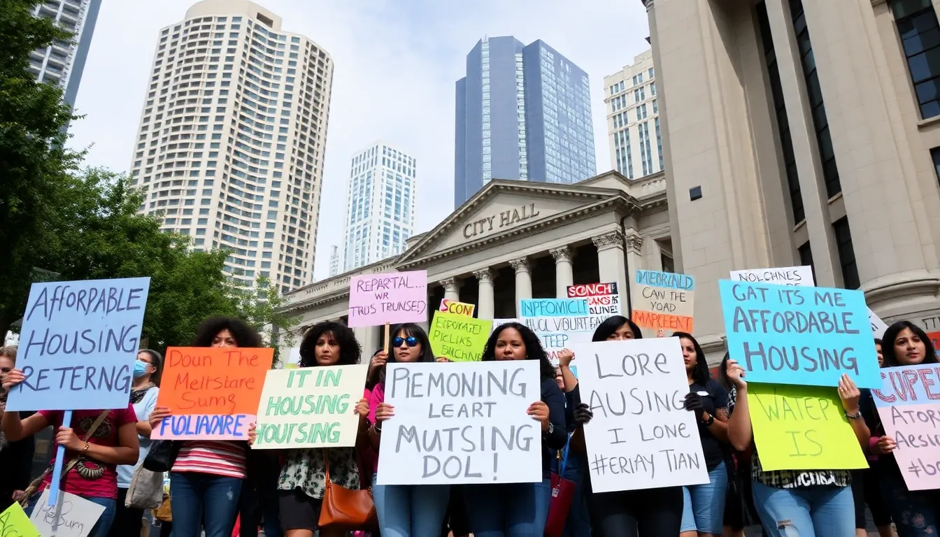 A group of activists gathers outside a city hall, holding signs advocating for affordable housing and policy reform amidst a backdrop of highrise buildings.