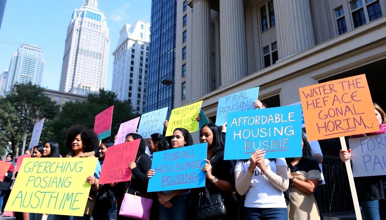 A diverse group of residents reflecting the impact of housing instability, showcasing the urgent need for equitable solutions in urban areas